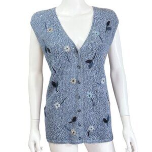 Napa Valley Blue Knit Cardigan Vest Womens 1X Vintage w/ Floral Embroidery